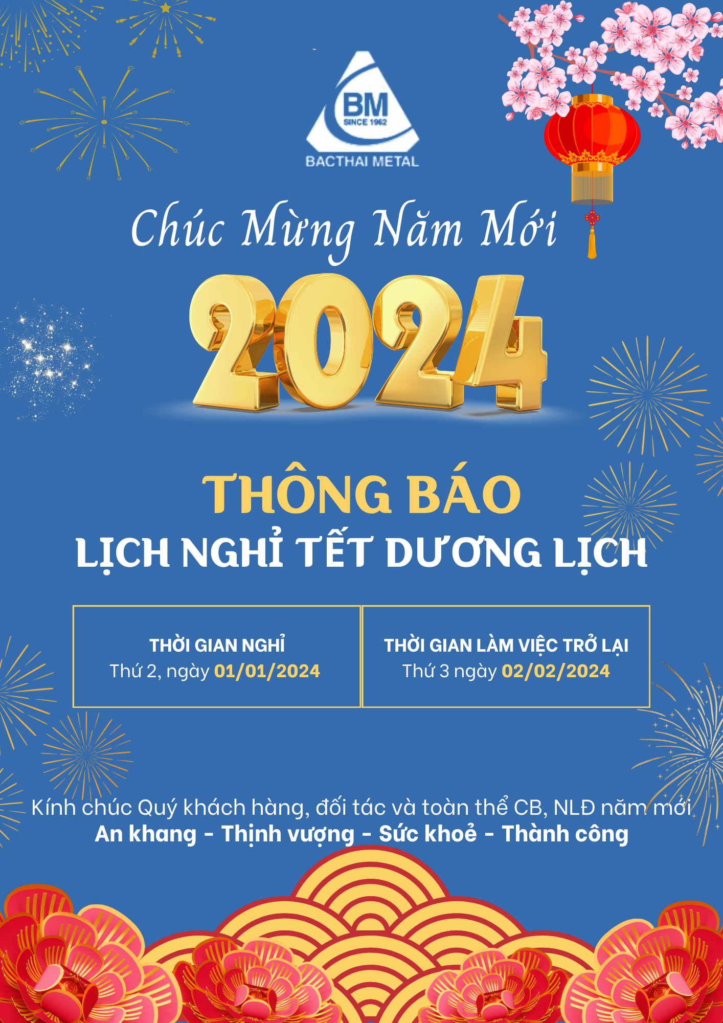 CÔNG TY CP KIM KHÍ BẮC THÁI THÔNG BÁO LỊCH NGHỈ TẾT DƯƠNG LỊCH 2024